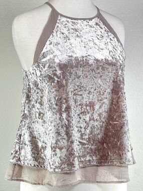 Socialite Crushed Velvet Halter Swing Tank Taupe Layered Hem Boho Top